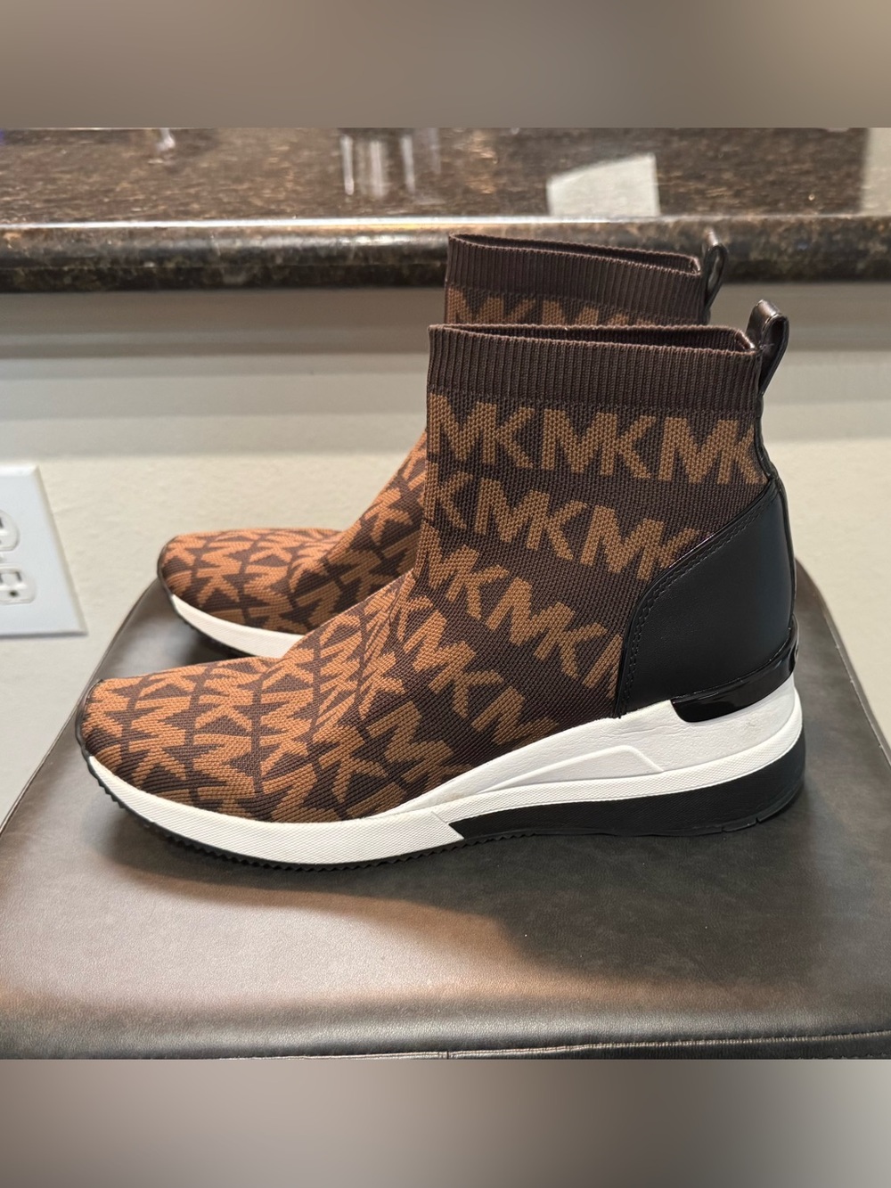 Michael Kors Brown/Mocha MK Logo Knit Sock Booties